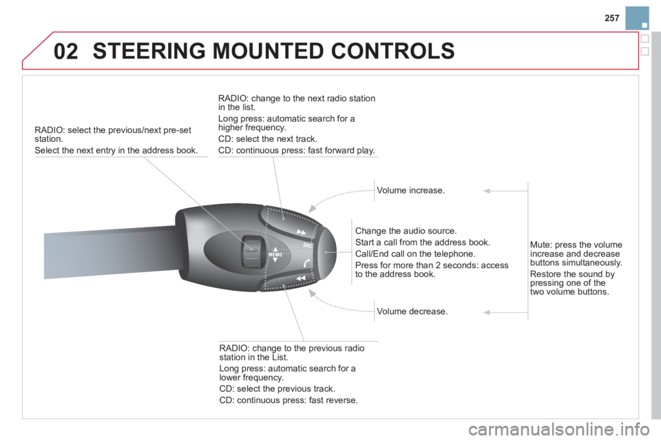 CITROEN DS3 CABRIO 2013  Handbook (in English) 257
02  STEERING MOUNTED CONTROLS 
RADIO: select the previous/next pre-set station.
Select the next entr
y in the address book.    
RADI
O: change to the next radio station in the list. 
  Lon
g press