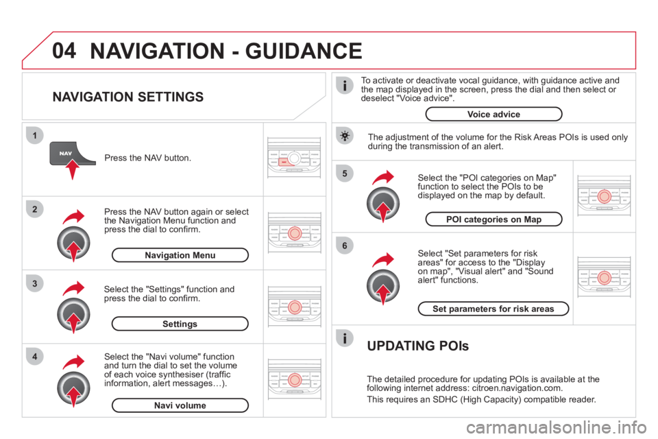 CITROEN DS3 CABRIO 2013  Handbook (in English) 04
5
6
3 2 1
4
   
NAVIGATION SETTINGS 
 
 
Select "Set parameters for risk
areas" for access to the "Display 
on map", "Visual alert" and "Soundalert" functions.    
Select the "POI categories on Map