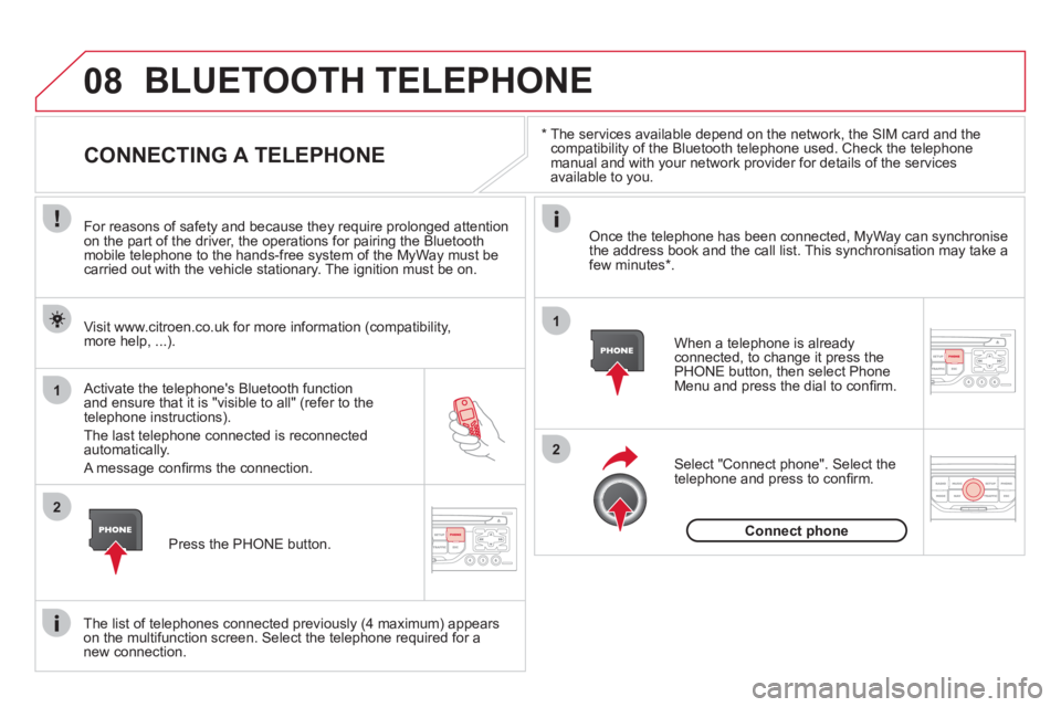 CITROEN DS3 CABRIO 2013 Handbook (in English) 08
1
2
2
1
*
The services available depend on the network, the SIM card and the compatibility of the Bluetooth telephone used. Check the telephone manual and with your network provider for det CITROEN DS3 CABRIO 2013 Handbook (in English) 08
1
2
2
1
*
The services available depend on the network, the SIM card and the compatibility of the Bluetooth telephone used. Check the telephone manual and with your network provider for det