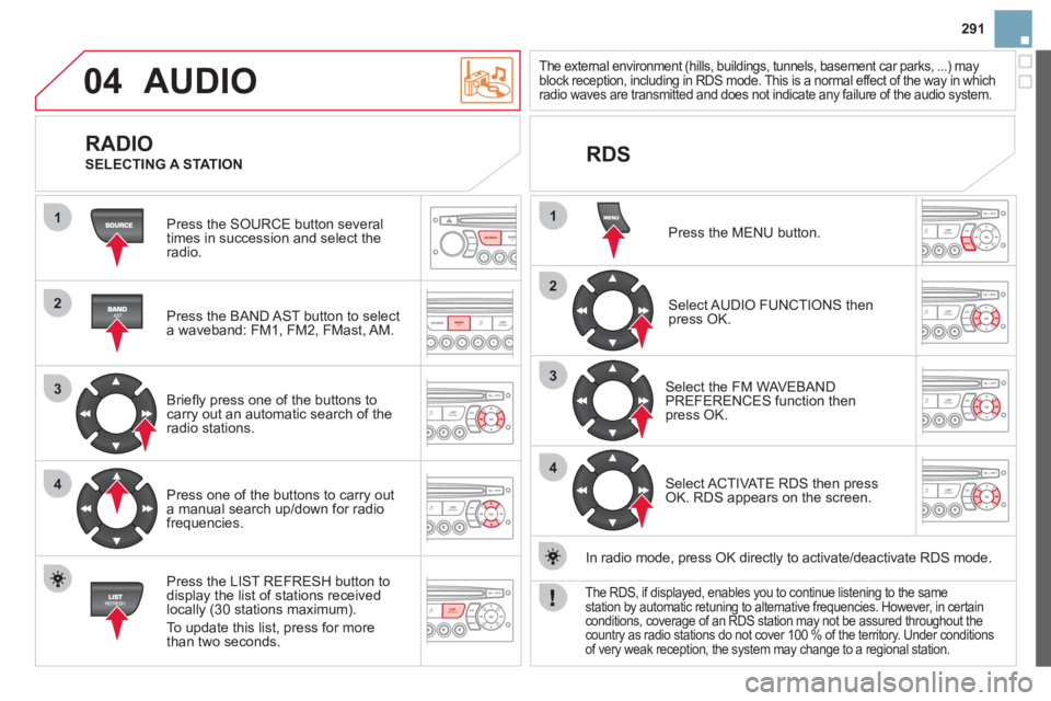 CITROEN DS3 CABRIO 2013 Handbook (in English) 291
04
1
2
3
4
1
2
3
4
SOURCE
BANDAST
LISTREFRESH
MENU
AUDIO
Press the SOURCE button several
times in succession and select theradio.
Press the BAND A
ST button to select
a waveband: FM1, CITROEN DS3 CABRIO 2013 Handbook (in English) 291
04
1
2
3
4
1
2
3
4
SOURCE
BANDAST
LISTREFRESH
MENU
AUDIO
Press the SOURCE button several
times in succession and select theradio.
Press the BAND A
ST button to select
a waveband: FM1,