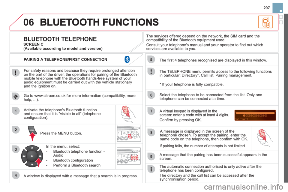 CITROEN DS3 CABRIO 2013  Handbook (in English) 297
06
1
2
3
4
5
6
7
8
9
MENU
OK
   
For safety reasons and because they require prolonged attentionon the part of the driver, the operations for pairing of the Bluetooth mobile telephone with the Blu