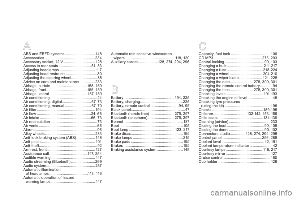 CITROEN DS3 CABRIO 2013 Handbook (in English) A
ABS and EBFD systems.............................148Accessories................................................234Accessory socket, 12 V ..............................128Access to rear seats........ CITROEN DS3 CABRIO 2013 Handbook (in English) A
ABS and EBFD systems.............................148Accessories................................................234Accessory socket, 12 V ..............................128Access to rear seats........
