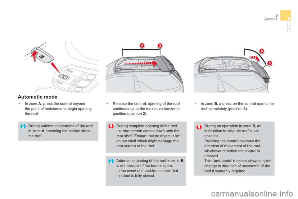CITROEN DS3 CABRIO 2013  Handbook (in English) 5
Access
   
Automatic mode
 
 
During automatic operation of the roof in zone A, pressing the control stops
the roof.  
During complete opening of the roof,the rear screen comes down onto the
rear sh