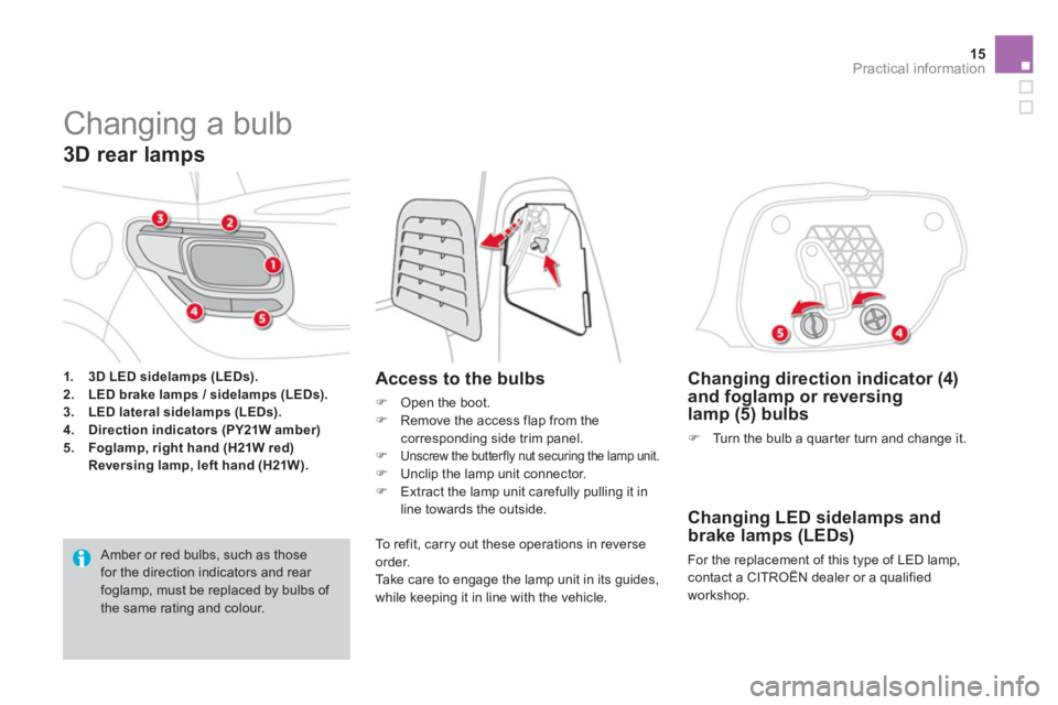 CITROEN DS3 CABRIO 2013  Handbook (in English) 15
Practical information
   
 
 
 
 
 
 
 
 
 
 
 
 
 
 
 
 
 
 
 
 
 
 
 
 
 
 
 
 
Changing a bulb 
1.3D LED sidelamps (LEDs).2.LED brake lamps / sidelamps (LEDs).3.LED lateral sidelamps (LEDs).4.Di