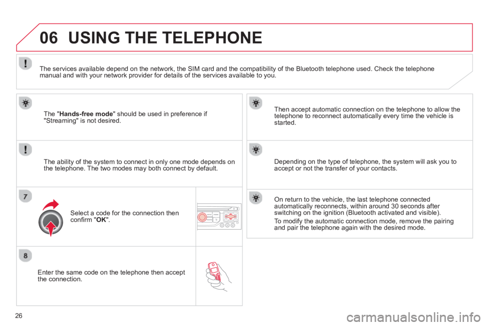 CITROEN DS3 CABRIO 2013  Handbook (in English) 26
06
   Enter the same code on the telephone then accept 
the connection.   
Then accept automatic connection on the telephone to allow the
te
lephone to reconnect automatically every time the vehicl