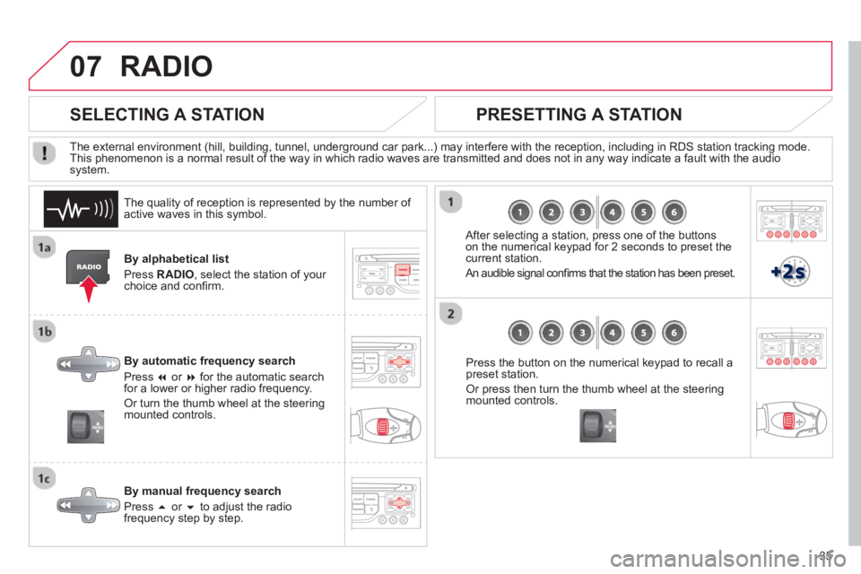 CITROEN DS3 CABRIO 2013  Handbook (in English) 35
07RADIO 
By alphabetical list 
Pr
ess  RADIO, select the station of your choice and conﬁ rm.
B
y automatic frequency search 
Press  �or  �for the automatic searchfor a lower or higher radio fre