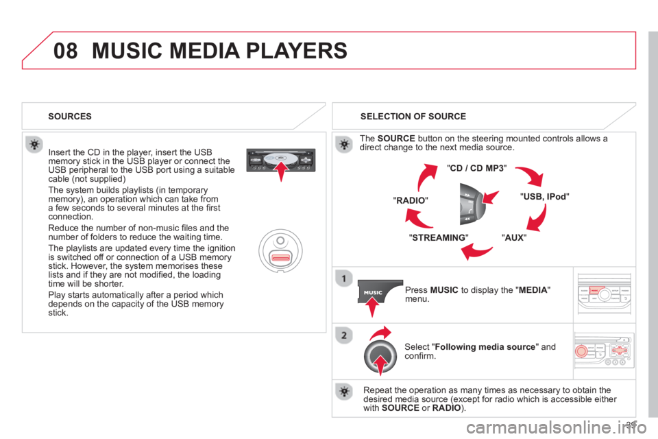 CITROEN DS3 CABRIO 2013  Handbook (in English) 39
08MUSIC MEDIA PLAYERS 
   
Insert the CD in the player, insert the USBmemory stick in the USB player or connect theUSB peripheral to the USB port using a suitablecable (not supplied)
 
The system b
