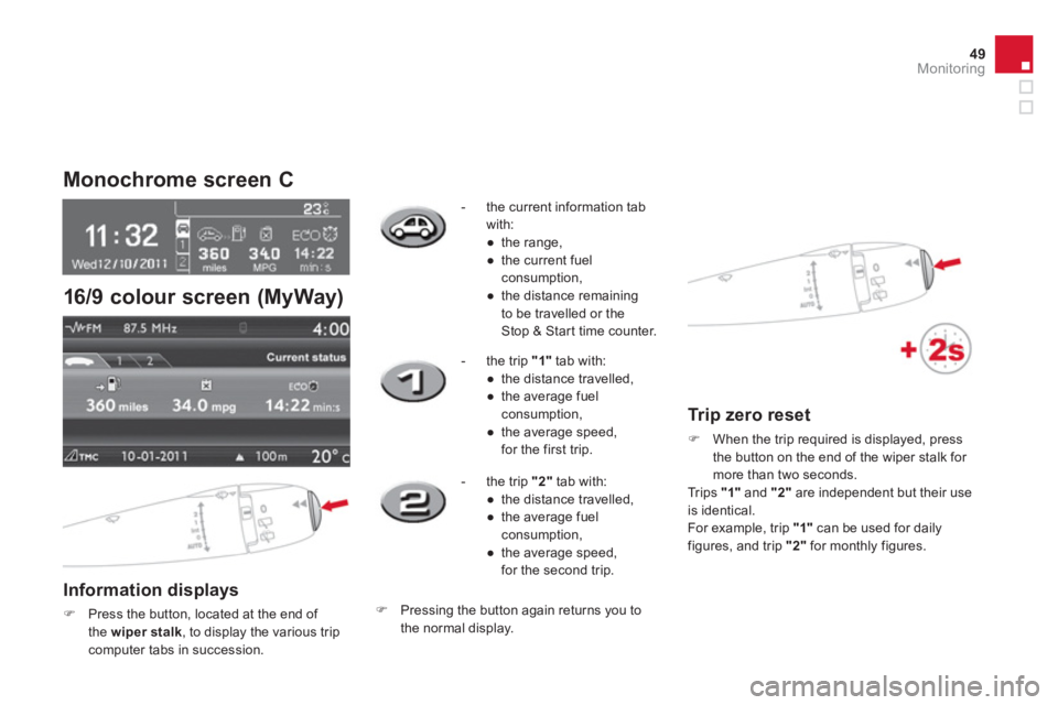 CITROEN DS3 CABRIO 2013  Handbook (in English) 49Monitoring
   
 
 
 
 
Monochrome screen C 
 
 
Information displays 
�)Press the button, located at the end of 
the wiper stalk 
, to display the various tripcomputer tabs in succession.-  th
e cur