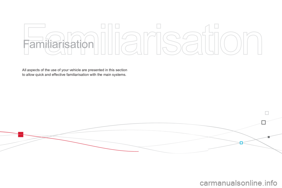 CITROEN DS3 CABRIO 2013  Handbook (in English)  Familiarisation 
 
   
Familiarisation  
 
 All aspects of the use of your vehicle are presented in this section 
to allow quick and effective familiarisation with the main systems.  
  