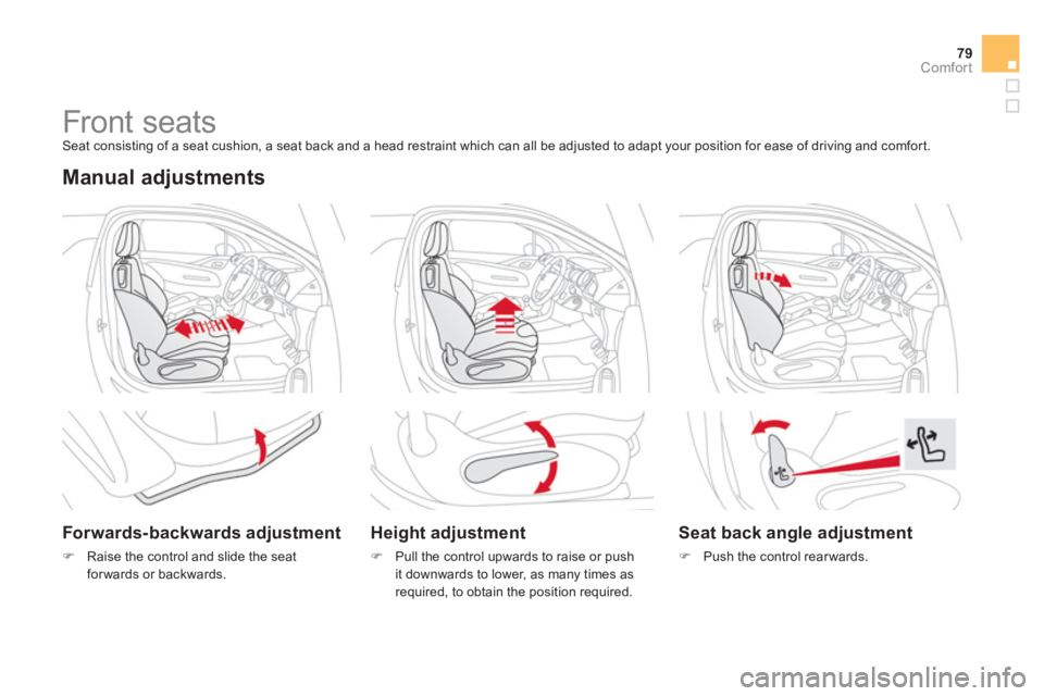 CITROEN DS3 CABRIO 2013  Handbook (in English) 79Comfort
   
 
 
 
 
 
 
 
Front seats  Seat consisting of a seat cushion, a seat back and a head restraint which can all be adjusted to adapt your position for ease of driving and comfort. 
 
 Manua