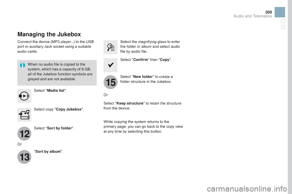 CITROEN DS3 CABRIO DAG 2017 Handbook (in English) 12
13
15
305
DS3_en_Chap11c_SMEGplus_ed02-2015
Managing the Jukebox
Connect the device (MP3 player...) to the USB port o r a uxiliary J ack s ocket u sing a s uitable au
dio
c
able CITROEN DS3 CABRIO DAG 2017 Handbook (in English) 12
13
15
305
DS3_en_Chap11c_SMEGplus_ed02-2015
Managing the Jukebox
Connect the device (MP3 player...) to the USB port o r a uxiliary J ack s ocket u sing a s uitable au
dio
c
able