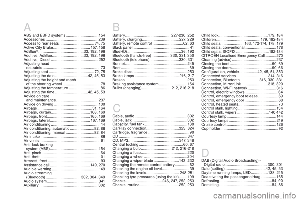 CITROEN DS3 CABRIO DAG 2017 Handbook (in English) DS3_en_Chap12_index-recherche_ed02-2015
A
ABS and EBFD systems ...............................15 4
A ccessories .................................................. 23
9
Access to rear seats
....... CITROEN DS3 CABRIO DAG 2017 Handbook (in English) DS3_en_Chap12_index-recherche_ed02-2015
A
ABS and EBFD systems ...............................15 4
A ccessories .................................................. 23
9
Access to rear seats
.......