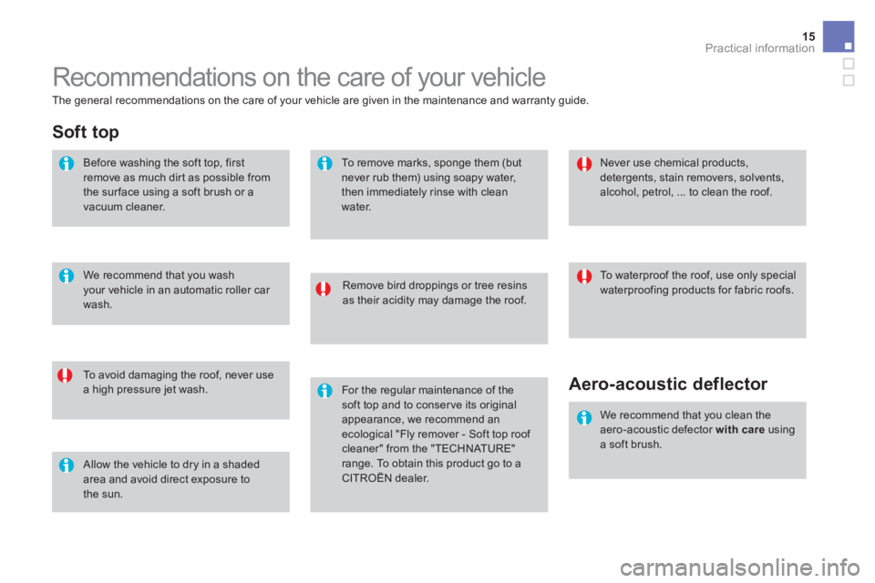 CITROEN DS3 CABRIO DAG 2017  Handbook (in English) 15Practical information
DS3-Cabrio_en_Chap08_info-pratiques_ed02-2015
 Recommendations on the care of your vehicle 
  Remove bird droppings or tree resins 
as their acidity may damage the roof.  
  To