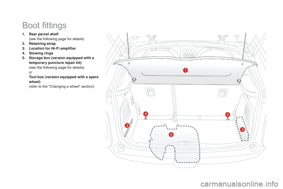 CITROEN DS3 CABRIO DAG 2017 Handbook (in English) DS3_en_Chap03_confort_ed02-2015
1. Rear parcel shelf  (s
ee t he f ollowing p age f or d etails)
2.
Re
taining strap
3.
Lo
cation for Hi-Fi amplifier
4.
St
owing rings
5.
St
orage box (v CITROEN DS3 CABRIO DAG 2017 Handbook (in English) DS3_en_Chap03_confort_ed02-2015
1. Rear parcel shelf  (s
ee t he f ollowing p age f or d etails)
2.
Re
taining strap
3.
Lo
cation for Hi-Fi amplifier
4.
St
owing rings
5.
St
orage box (v