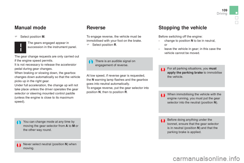 CITROEN DS3 CABRIO DAG 2016 Handbook (in English) 109
DS3_en_Chap04_conduite_ed01-2015
The gear change requests are only carried out if the engine speed permits.
It is not necessary to release the accelerator
pedal
during g CITROEN DS3 CABRIO DAG 2016 Handbook (in English) 109
DS3_en_Chap04_conduite_ed01-2015
The gear change requests are only carried out if the engine speed permits.
It is not necessary to release the accelerator
pedal
during g