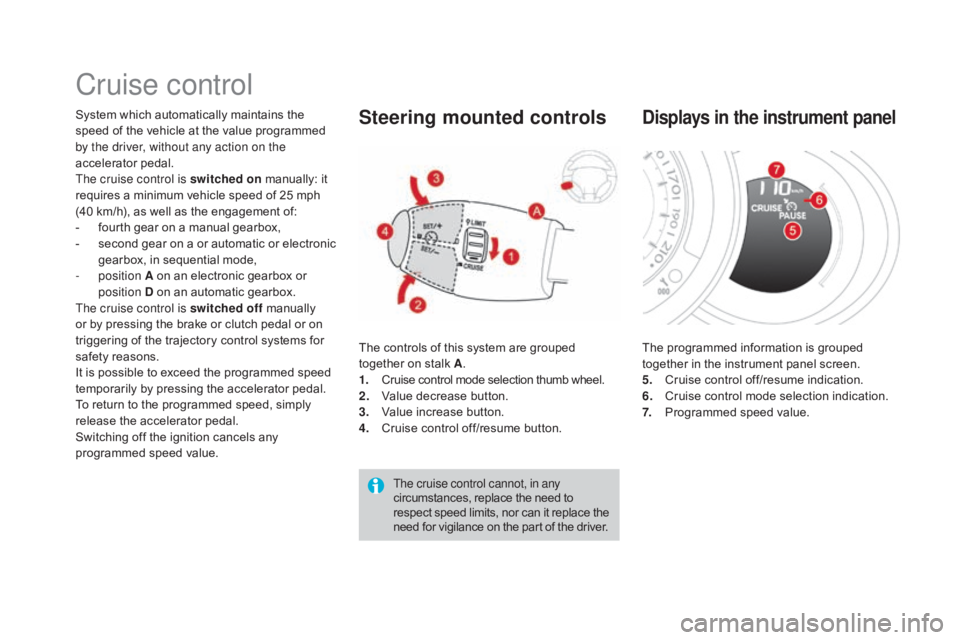 CITROEN DS3 CABRIO DAG 2016 Handbook (in English) DS3_en_Chap04_conduite_ed01-2015
Cruise control
System which automatically maintains the speed of the vehicle at the value programmed
b
y the driver, without any action o CITROEN DS3 CABRIO DAG 2016 Handbook (in English) DS3_en_Chap04_conduite_ed01-2015
Cruise control
System which automatically maintains the speed of the vehicle at the value programmed
b
y the driver, without any action o