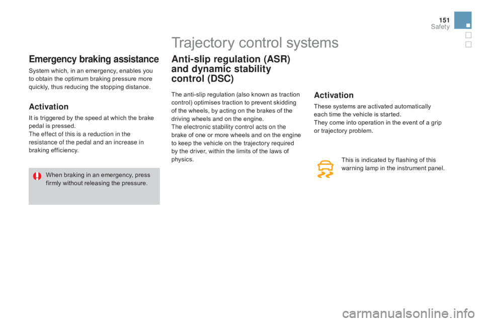 CITROEN DS3 CABRIO DAG 2016  Handbook (in English) 151
DS3_en_Chap06_securite_ed01-2015
Emergency braking assistance
System which, in an emergency, enables you to   obtain   the   optimum   braking   pressure   more  
q

uickly,   thus 