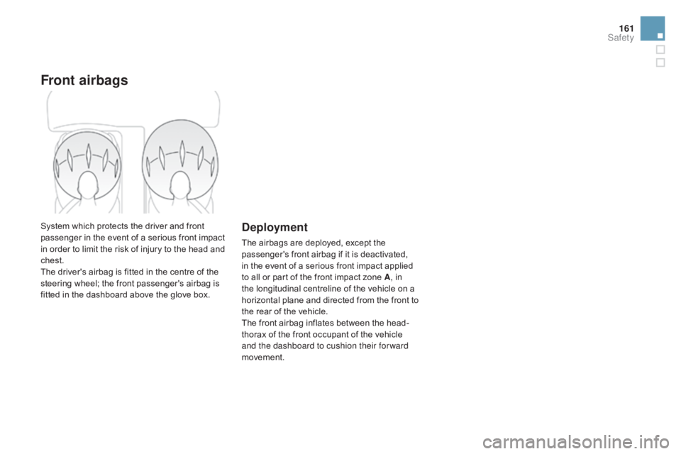 CITROEN DS3 CABRIO DAG 2016 Handbook (in English) 161
DS3_en_Chap06_securite_ed01-2015
Front airbags
System which protects the driver and front passenger in the event of a serious front impact
i
n order to CITROEN DS3 CABRIO DAG 2016 Handbook (in English) 161
DS3_en_Chap06_securite_ed01-2015
Front airbags
System which protects the driver and front passenger in the event of a serious front impact
i
n order to