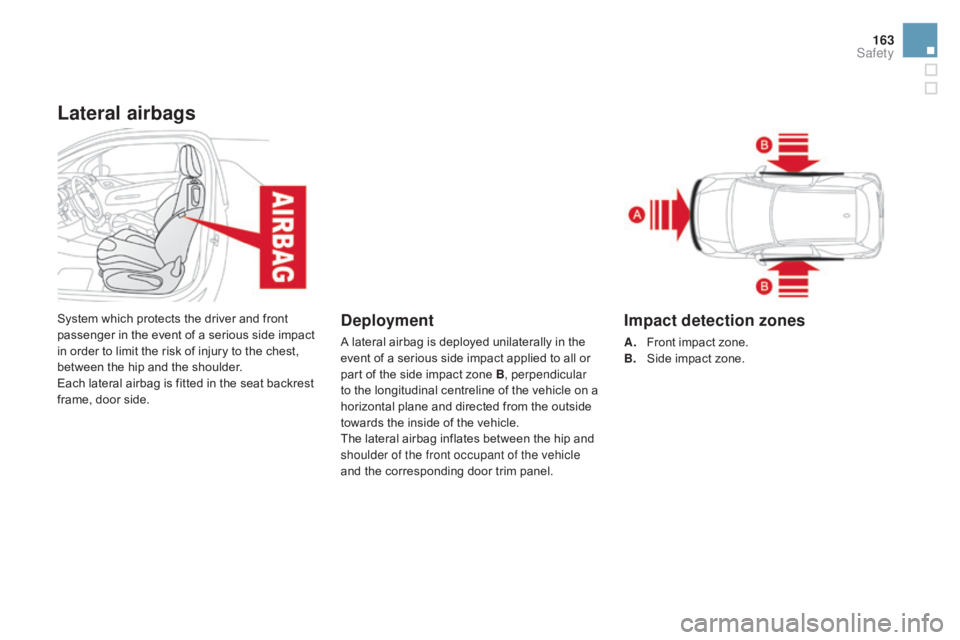 CITROEN DS3 CABRIO DAG 2016 Handbook (in English) 163
DS3_en_Chap06_securite_ed01-2015
Lateral airbags
System which protects the driver and front passenger in the event of a serious side impact
i
n order to CITROEN DS3 CABRIO DAG 2016 Handbook (in English) 163
DS3_en_Chap06_securite_ed01-2015
Lateral airbags
System which protects the driver and front passenger in the event of a serious side impact
i
n order to