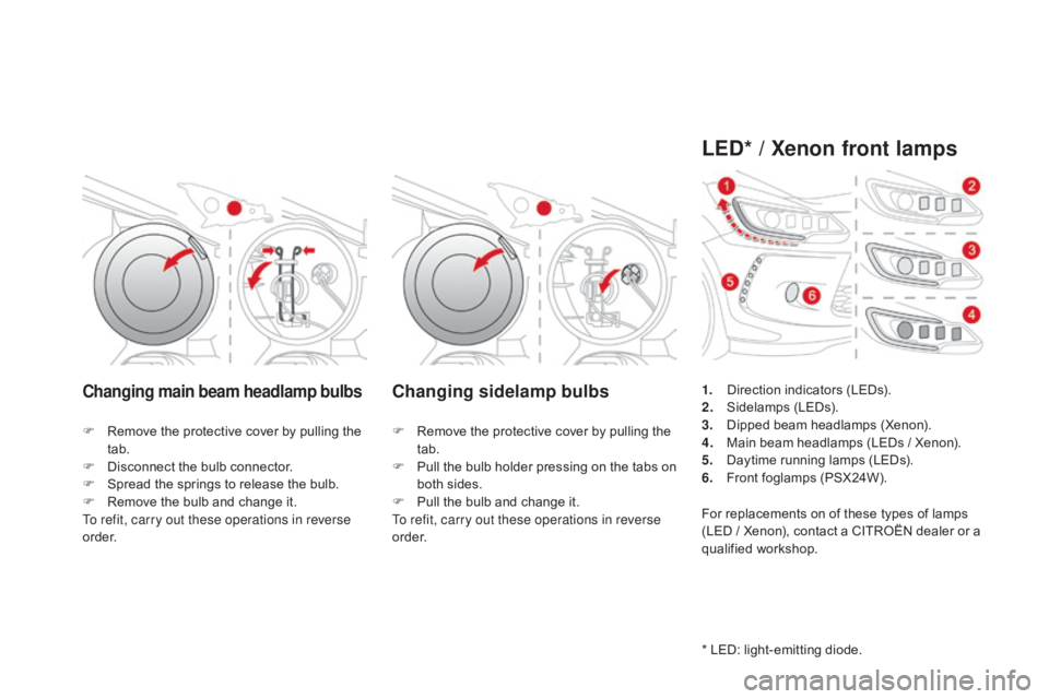 CITROEN DS3 CABRIO DAG 2016 Handbook (in English) DS3_en_Chap08_info-pratiques_ed01-2015
Changing main beam headlamp bulbsChanging sidelamp bulbs
F Remove the protective cover by pulling the t
ab.
F
D
isconnect the bulb CITROEN DS3 CABRIO DAG 2016 Handbook (in English) DS3_en_Chap08_info-pratiques_ed01-2015
Changing main beam headlamp bulbsChanging sidelamp bulbs
F Remove the protective cover by pulling the t
ab.
F
D
isconnect the bulb
