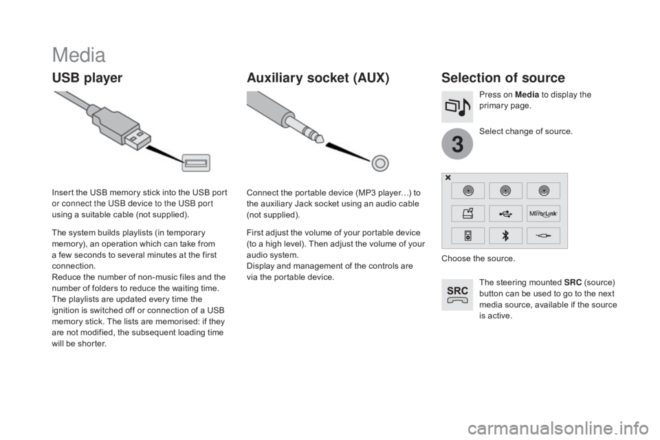CITROEN DS3 CABRIO DAG 2016 Handbook (in English) 3
DS3_en_Chap11c_SMEGplus_ed01-2015
Media
USB playerSelection of source
The steering mounted SRC (source)  b
utton  can  be  used  to  go  to  the  next Â
m
edia  source,  a CITROEN DS3 CABRIO DAG 2016 Handbook (in English) 3
DS3_en_Chap11c_SMEGplus_ed01-2015
Media
USB playerSelection of source
The steering mounted SRC (source)  b
utton  can  be  used  to  go  to  the  next Â
m
edia  source,  a