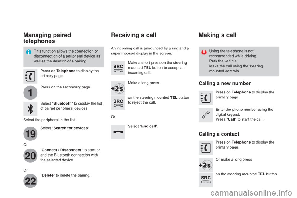 CITROEN DS3 CABRIO DAG 2016 Handbook (in English) 1
19
20
22
DS3_en_Chap11c_SMEGplus_ed01-2015
Managing paired
telephones
This function allows the connection or
disconnection of a peripheral device as
well as  the  deletion  of  a  pai CITROEN DS3 CABRIO DAG 2016 Handbook (in English) 1
19
20
22
DS3_en_Chap11c_SMEGplus_ed01-2015
Managing paired
telephones
This function allows the connection or
disconnection of a peripheral device as
well as  the  deletion  of  a  pai
