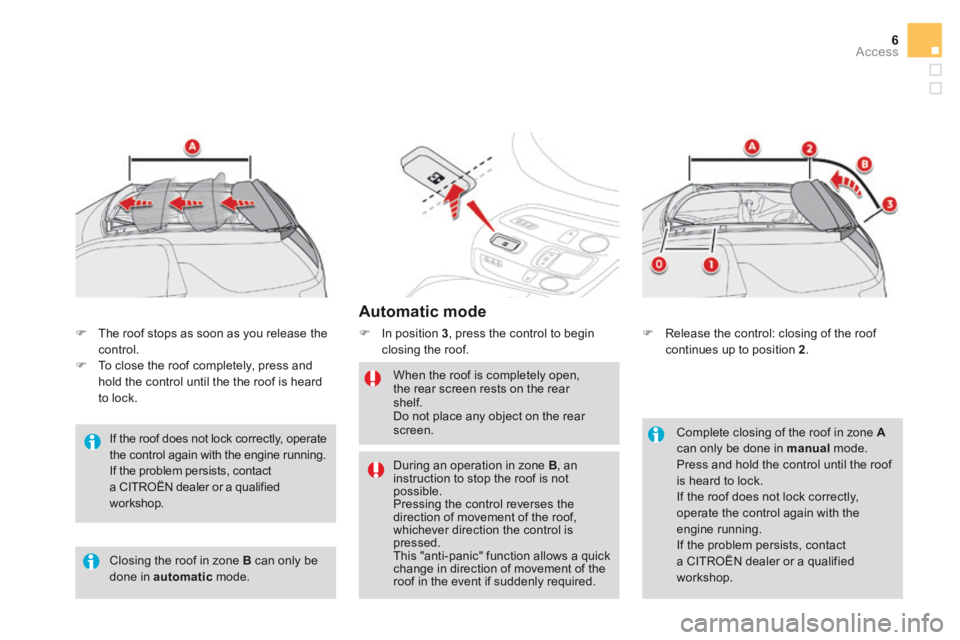 CITROEN DS3 CABRIO DAG 2016 Handbook (in English) 6Access
Automatic mode
In position 3 , press the control to begin closing the roof.
When the roof is completely open, the rear screen rests on the rear shelf. Do not place any object on CITROEN DS3 CABRIO DAG 2016 Handbook (in English) 6Access
Automatic mode
In position 3 , press the control to begin closing the roof.
When the roof is completely open, the rear screen rests on the rear shelf. Do not place any object on