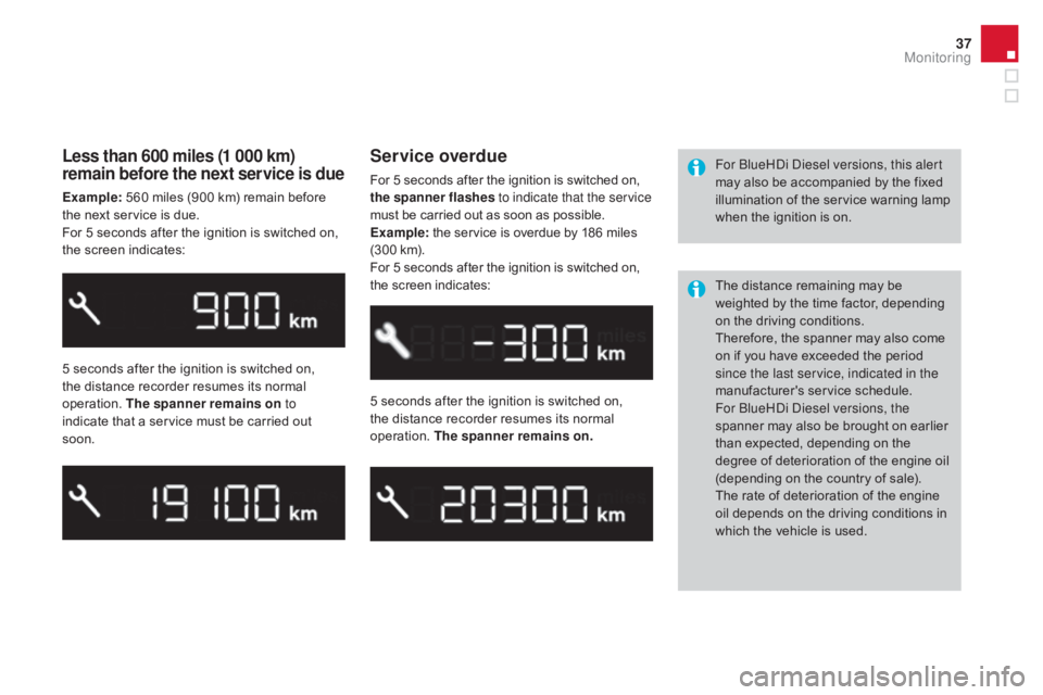 CITROEN DS3 CABRIO DAG 2016 Handbook (in English) 37
DS3_en_Chap01_controle-de-marche_ed01-2015
Less than 600 miles (1 000 km)
remain before the next service is due
Example: 560  miles  (900  km)  remain  before  t
he  next  service CITROEN DS3 CABRIO DAG 2016 Handbook (in English) 37
DS3_en_Chap01_controle-de-marche_ed01-2015
Less than 600 miles (1 000 km)
remain before the next service is due
Example: 560  miles  (900  km)  remain  before  t
he  next  service