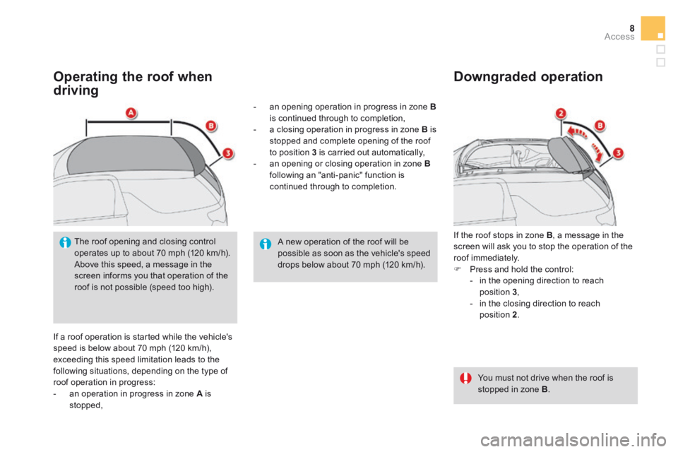 CITROEN DS3 CABRIO DAG 2016 Handbook (in English) 8Access
Operating the roof when
driving
If a roof operation is started while the vehicles speed is below about 70 mph (120 km/h), exceeding this speed limitation leads to the following situation CITROEN DS3 CABRIO DAG 2016 Handbook (in English) 8Access
Operating the roof when
driving
If a roof operation is started while the vehicles speed is below about 70 mph (120 km/h), exceeding this speed limitation leads to the following situation
