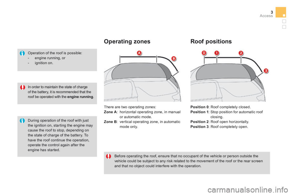 CITROEN DS3 CABRIO DAG 2016 Handbook (in English) 3Access
In order to maintain the state of charge of the battery, it is recommended that the roof be operated with the engine running .
Operation of the roof is possible: - engine running, CITROEN DS3 CABRIO DAG 2016 Handbook (in English) 3Access
In order to maintain the state of charge of the battery, it is recommended that the roof be operated with the engine running .
Operation of the roof is possible: - engine running,