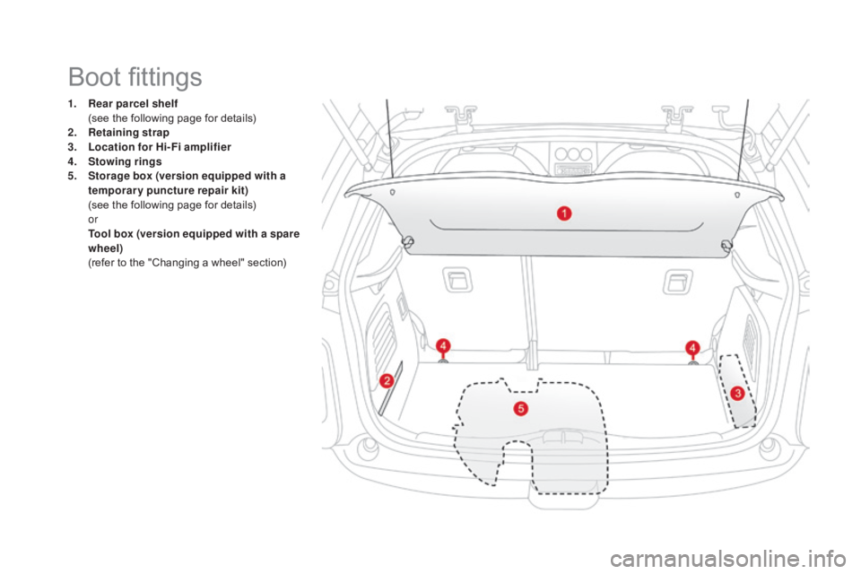 CITROEN DS3 CABRIO DAG 2016 Handbook (in English) DS3_en_Chap03_confort_ed01-2015
1. Rear parcel shelf  (
see  the  following  page  for  details)
2.
R
etaining strap
3.
L
ocation for Hi-Fi amplifier
4.
S
towing rings
5.
S
torage b CITROEN DS3 CABRIO DAG 2016 Handbook (in English) DS3_en_Chap03_confort_ed01-2015
1. Rear parcel shelf  (
see  the  following  page  for  details)
2.
R
etaining strap
3.
L
ocation for Hi-Fi amplifier
4.
S
towing rings
5.
S
torage b
