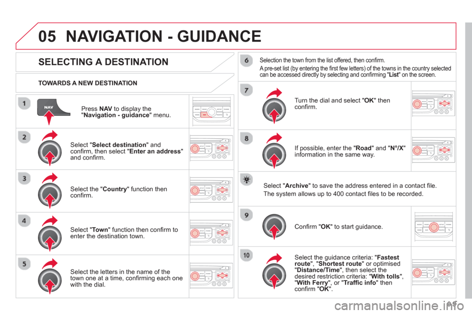 Citroen C8 2013 1.G Owners Manual 9.9
05
Press NAVto display the"Navigation - guidance " menu.
TOWARDS A NEW DESTINATION
NAVIGATION - GUIDANCE
SELECTING A DESTINATION
Select "Select destination
" and confi rm, then select " Citroen C8 2013 1.G Owners Manual 9.9
05
Press NAVto display the"Navigation - guidance " menu.
TOWARDS A NEW DESTINATION
NAVIGATION - GUIDANCE
SELECTING A DESTINATION
Select "Select destination
" and confi rm, then select "
