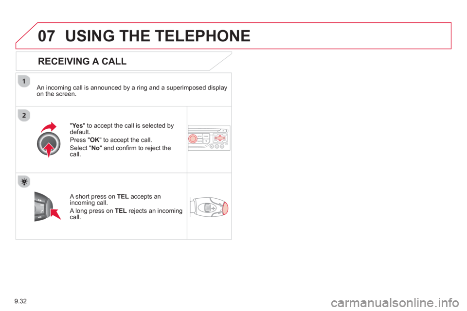 Citroen C8 2013 1.G Owners Manual 9.32
07USING THE TELEPHONE
   
RECEIVING A CALL
 
 An incoming call is announced by a ring and a superimposed displayon the screen.
"Yes " to accept the call is selected bydefault. 
Pr
ess " OK" to ac