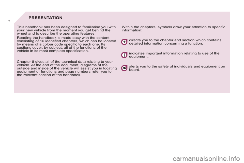 Citroen C8 2013 1.G Owners Manual 4PRESENTATION
  Within the chapters, symbols draw your attention to speciﬁ c 
information:    This handbook has been designed to familiarise you with 
your new vehicle from the moment you get behind