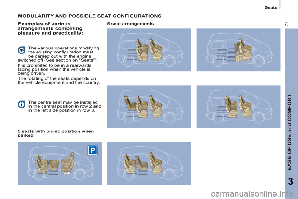 Citroen C8 2013 1.G Manual PDF EASE OF USE and COMFORT
3
71
   
 
Seats  
 
  The centre seat may be installed 
in the central position in row 2 and 
in the left side position in row 3.  
 
MODULARITY AND POSSIBLE SEAT CONFIGURATIO
