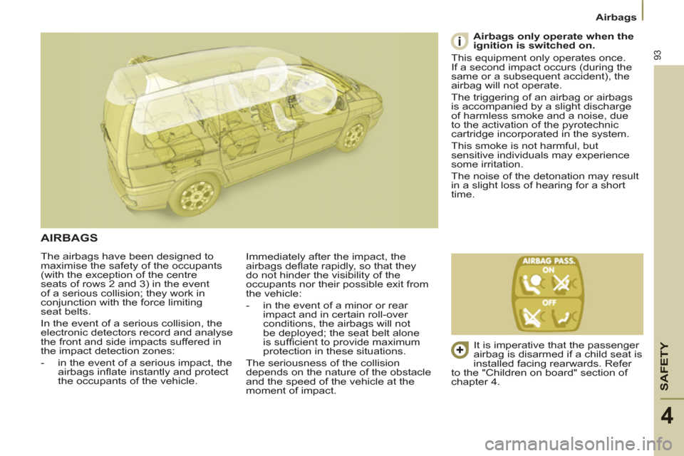 Citroen C8 2013 1.G Owners Manual SAFETY
93
Airbags
4
  The airbags have been designed to 
maximise the safety of the occupants 
(with the exception of the centre 
seats of rows 2 and 3) in the event 
of a serious collision; they work