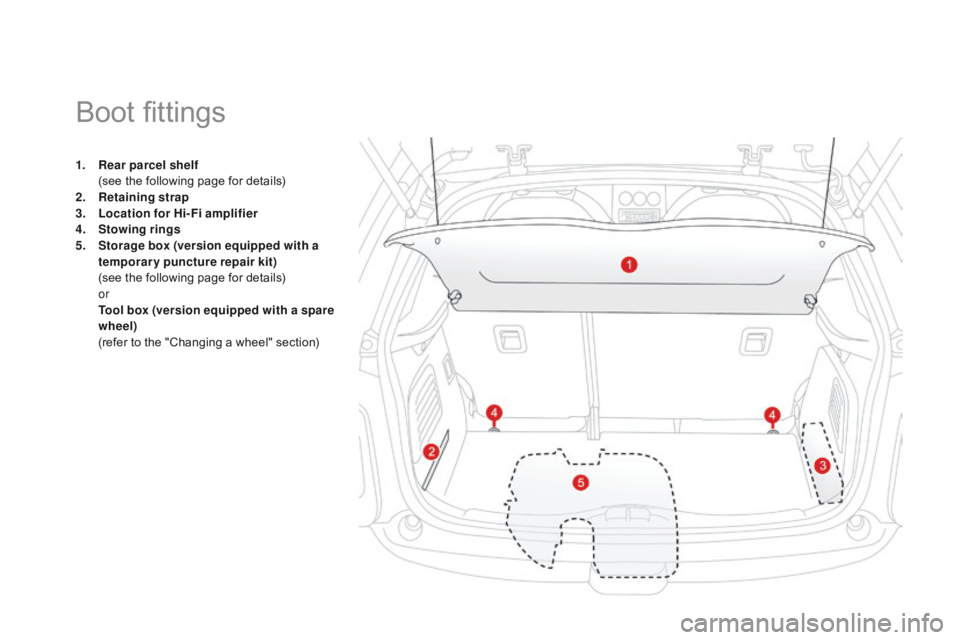 CITROEN DS3 CABRIO DAG 2015 Handbook (in English) DS3_en_Chap05_amenagement_ed01
1. Rear parcel shelf  (
see  the  following  page  for  details)
2.
R
etaining strap
3.
L
ocation for Hi-Fi amplifier
4.
S
towing rings
5.
S
torage bo CITROEN DS3 CABRIO DAG 2015 Handbook (in English) DS3_en_Chap05_amenagement_ed01
1. Rear parcel shelf  (
see  the  following  page  for  details)
2.
R
etaining strap
3.
L
ocation for Hi-Fi amplifier
4.
S
towing rings
5.
S
torage bo