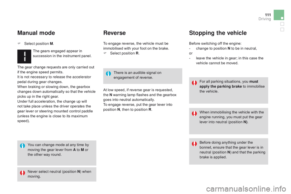 CITROEN DS3 CABRIO DAG 2015 Handbook (in English) 111
DS3_en_Chap06_conduite_ed01-2014
The gear change requests are only carried out if the engine speed permits.
It is not necessary to release the accelerator
pedal
during g CITROEN DS3 CABRIO DAG 2015 Handbook (in English) 111
DS3_en_Chap06_conduite_ed01-2014
The gear change requests are only carried out if the engine speed permits.
It is not necessary to release the accelerator
pedal
during g