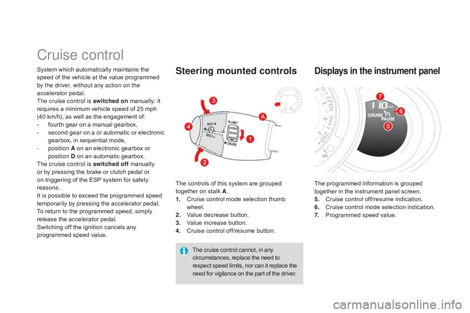 CITROEN DS3 CABRIO DAG 2015 Handbook (in English) DS3_en_Chap06_conduite_ed01-2014
Cruise control
System which automatically maintains the speed of the vehicle at the value programmed
b
y the driver, without any action o CITROEN DS3 CABRIO DAG 2015 Handbook (in English) DS3_en_Chap06_conduite_ed01-2014
Cruise control
System which automatically maintains the speed of the vehicle at the value programmed
b
y the driver, without any action o