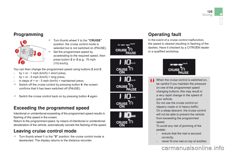 CITROEN DS3 CABRIO DAG 2015 Handbook (in English) 125
DS3_en_Chap06_conduite_ed01-2014
Programming
F Turn thumb wheel 1 to the "c RUISE"
position: the cruise control mode is
s
elected but is not switch CITROEN DS3 CABRIO DAG 2015 Handbook (in English) 125
DS3_en_Chap06_conduite_ed01-2014
Programming
F Turn thumb wheel 1 to the "c RUISE"
position: the cruise control mode is
s
elected but is not switch