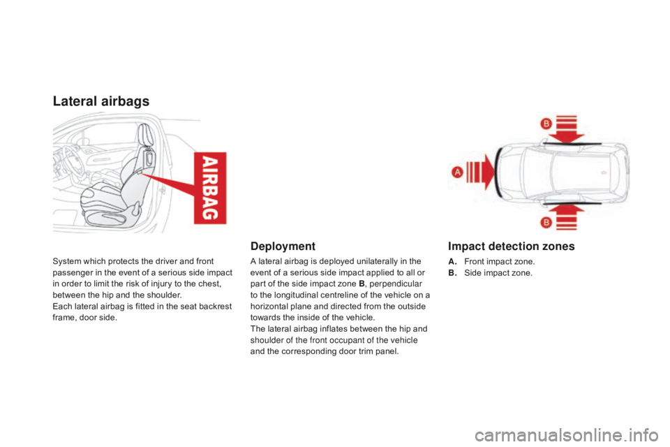 CITROEN DS3 CABRIO DAG 2015  Handbook (in English) Lateral airbags
System which protects the driver and front passenger   in   the   event   of   a   serious   side   impact  
i

n   order   to   limit   the   risk   of   injury