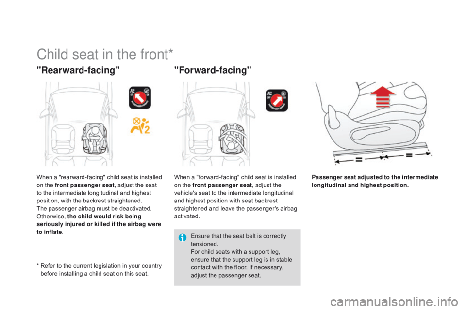 CITROEN DS3 CABRIO DAG 2015 Handbook (in English) DS3_en_Chap09_securite-enfants_ed01-2014
Child seat in the front*
"Rearward-facing""For ward-facing"
Passenger seat adjusted to the intermediate
longitudinal and highest position.
*
CITROEN DS3 CABRIO DAG 2015 Handbook (in English) DS3_en_Chap09_securite-enfants_ed01-2014
Child seat in the front*
"Rearward-facing""For ward-facing"
Passenger seat adjusted to the intermediate
longitudinal and highest position.
*