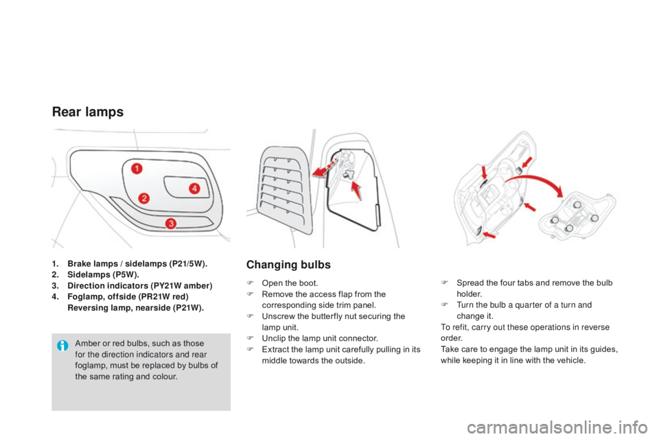 CITROEN DS3 CABRIO DAG 2015  Handbook (in English) DS3_en_Chap10_info-pratiques_ed01-2014
1. Brake lamps / sidelamps (P21/5W).
2. Sidelamps (P5W).
3.
  di

rection indicators (PY21W amber)
4.
 F

oglamp, offside (PR21W red) 
 
 
R
 eversing lamp, near