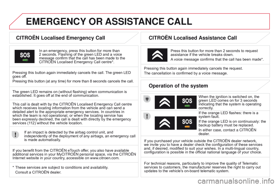 CITROEN DS3 CABRIO DAG 2015 Handbook (in English) DS3_en_Chap13a_bTa_ed01-2014
EMERGENcY OR ASSIST AN c E c ALL
cITROËN Localised Emergency call
In an emergency, press this button for more than 2
seconds. Flashing of the gr CITROEN DS3 CABRIO DAG 2015 Handbook (in English) DS3_en_Chap13a_bTa_ed01-2014
EMERGENcY OR ASSIST AN c E c ALL
cITROËN Localised Emergency call
In an emergency, press this button for more than 2
seconds. Flashing of the gr