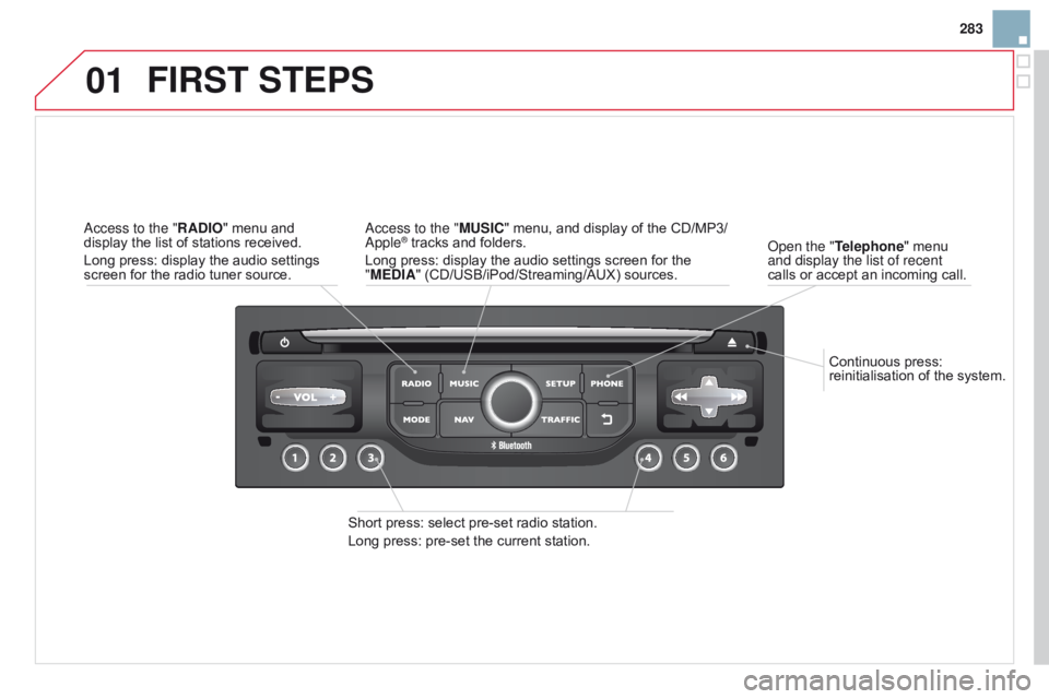 CITROEN DS3 CABRIO DAG 2015  Handbook (in English) 01
283
DS3_en_Chap13b_RT6-2-8_ed01-2014
Continuous press: reinitialisation of  the  system.
o

pen the "Telephone"   menu  
and display the list of recent 
calls

 
or
 
accept   an 