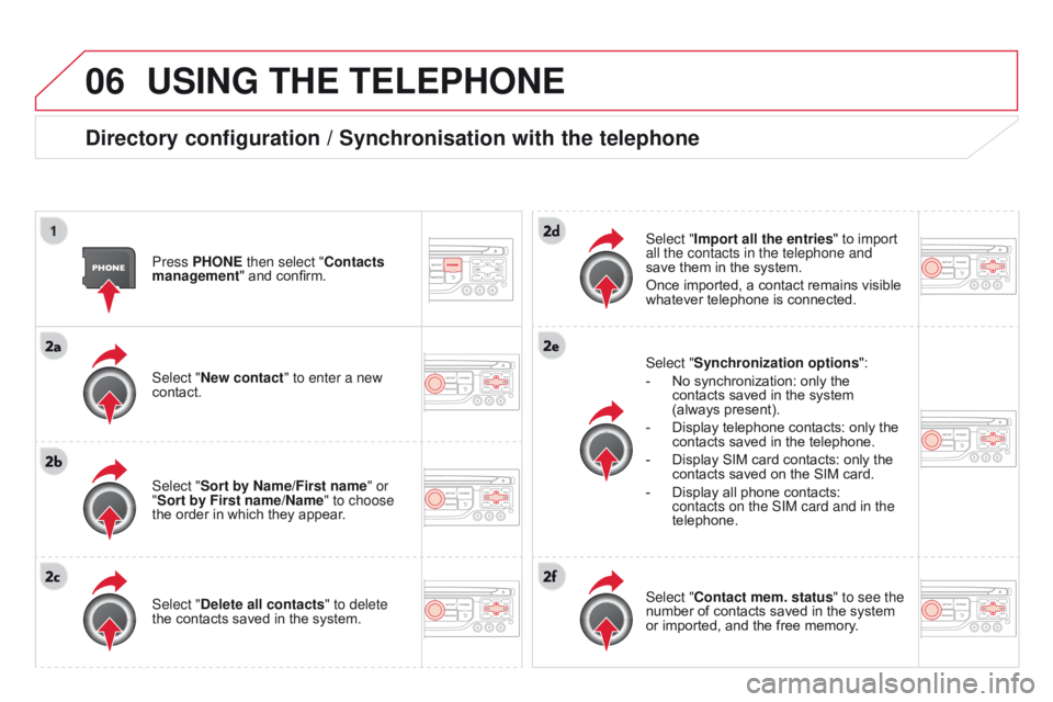 CITROEN DS3 CABRIO DAG 2015 Handbook (in English) 06
DS3_en_Chap13b_RT6-2-8_ed01-2014
USING THE TELEPHONE
directory configuration / Synchronisation with the telephone
Press PHONE then select "contacts
management " and confirm.
Select & CITROEN DS3 CABRIO DAG 2015 Handbook (in English) 06
DS3_en_Chap13b_RT6-2-8_ed01-2014
USING THE TELEPHONE
directory configuration / Synchronisation with the telephone
Press PHONE then select "contacts
management " and confirm.
Select &