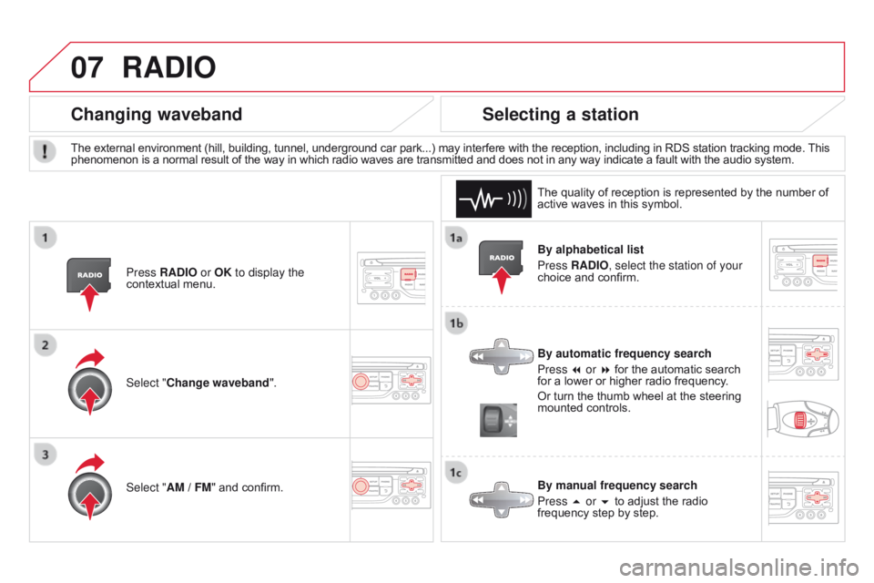 CITROEN DS3 CABRIO DAG 2015 Handbook (in English) 07
DS3_en_Chap13b_RT6-2-8_ed01-2014
By alphabetical list
Press RAd IO, select the station of your
choice
 and  confirm.
By automatic frequency search
Press 7 or 8
 for  the  automatic  se CITROEN DS3 CABRIO DAG 2015 Handbook (in English) 07
DS3_en_Chap13b_RT6-2-8_ed01-2014
By alphabetical list
Press RAd IO, select the station of your
choice
 and  confirm.
By automatic frequency search
Press 7 or 8
 for  the  automatic  se