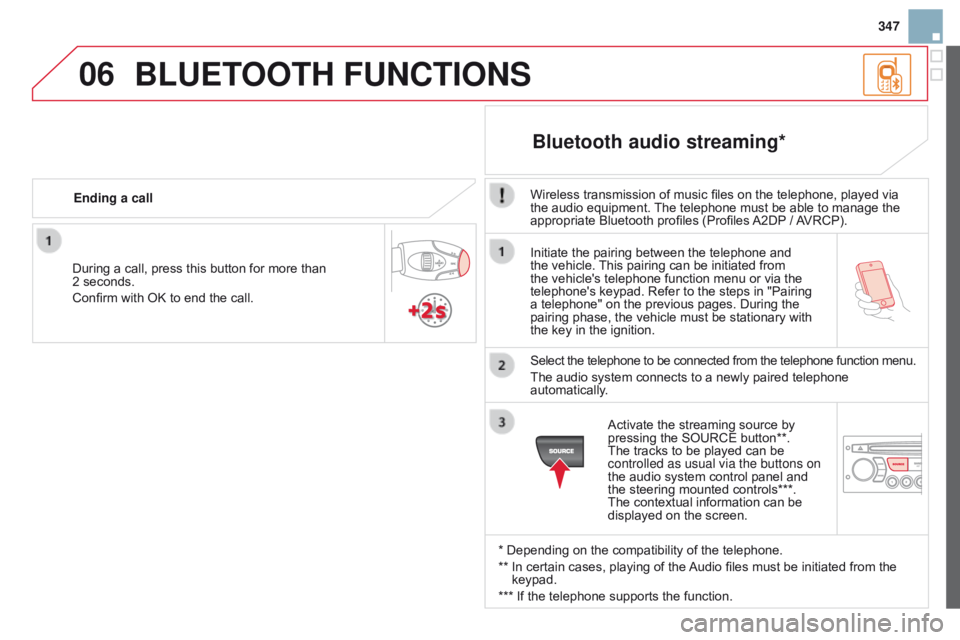 CITROEN DS3 CABRIO DAG 2015  Handbook (in English) 06
347
DS3_en_Chap13c_RD45_ed01-2014
Initiate the pairing between the telephone and the  vehicle.  This   pairing   can   be   initiated   from  
the

  vehicle's   telephone   f