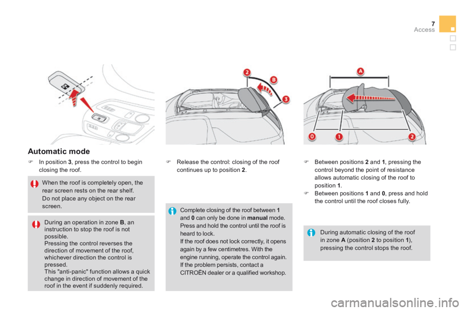 CITROEN DS3 CABRIO DAG 2015 Handbook (in English) 7Access
DS3-Cabrio_en_Chap04_ouvertures_ed02-2014
Automatic mode
In position 3 , press the control to begin closing the roof.
When the roof is completely open, the rear screen rests on t CITROEN DS3 CABRIO DAG 2015 Handbook (in English) 7Access
DS3-Cabrio_en_Chap04_ouvertures_ed02-2014
Automatic mode
In position 3 , press the control to begin closing the roof.
When the roof is completely open, the rear screen rests on t