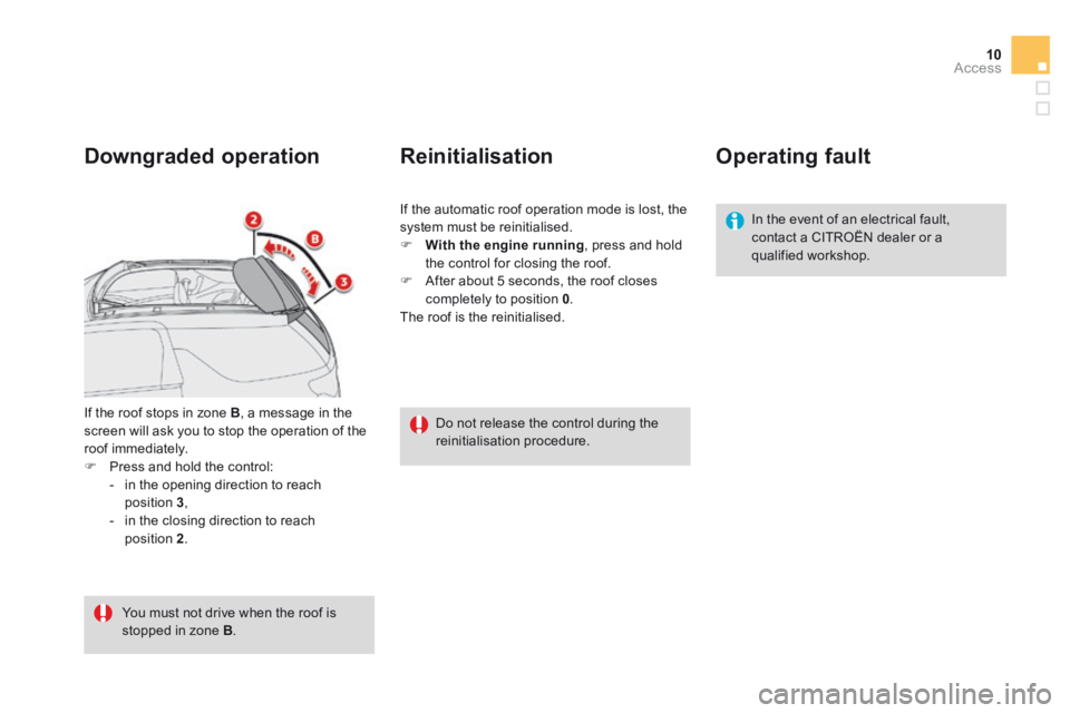 CITROEN DS3 CABRIO DAG 2015 Handbook (in English) 10Access
DS3-Cabrio_en_Chap04_ouvertures_ed02-2014
If the roof stops in zone B , a message in the screen will ask you to stop the operation of the roof immediately. Press and hold the control: CITROEN DS3 CABRIO DAG 2015 Handbook (in English) 10Access
DS3-Cabrio_en_Chap04_ouvertures_ed02-2014
If the roof stops in zone B , a message in the screen will ask you to stop the operation of the roof immediately. Press and hold the control: